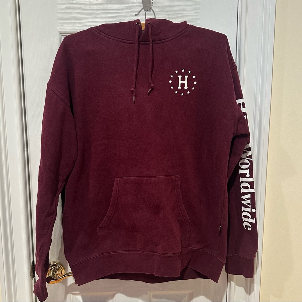 HUF Burgundy Hoodie with H Logo, Size Large